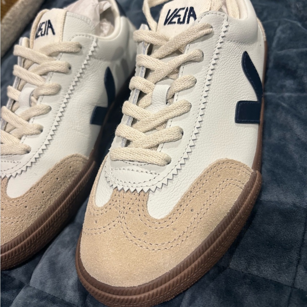 Veja Women's Sneakers in White, Navy & Beige with Brown Sole